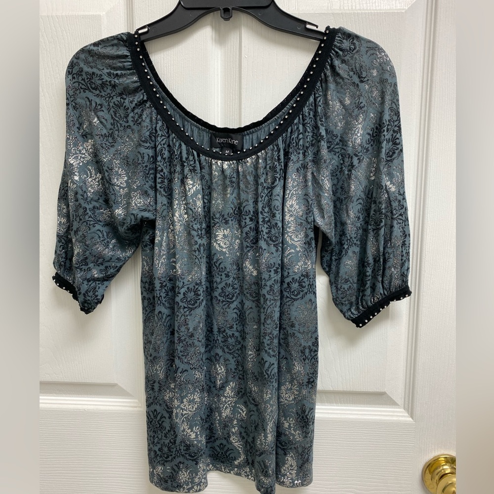 Karen Kane Gray & Black Shimmer Top with Rhinestones